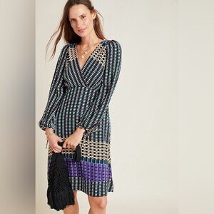 Anthropologie Maeve Dress Size 6 NWT Long Sleeve Geometric Print Midi Boho Chic